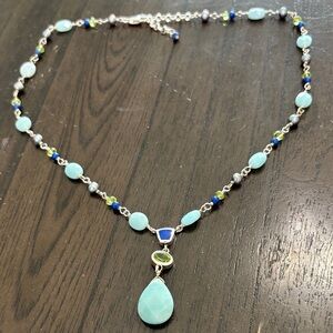 Aqua Teardrop Bead Necklace with Blue and Lime Accents - 925 Sterling Silver
